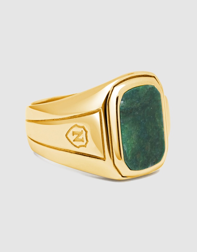 Nialaya Jewellery - Men's Oblong Gold Plated Signet Ring with Green Jade