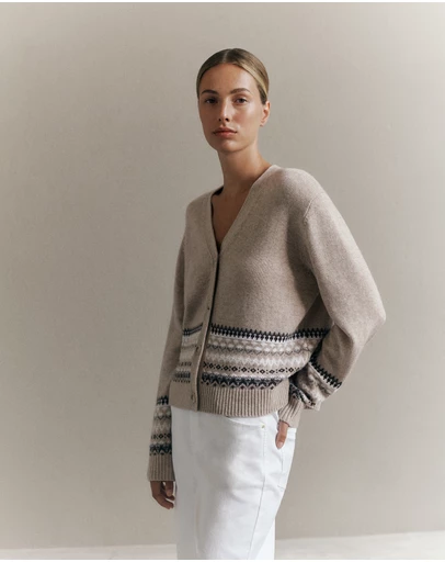 Trenery - Merino Cashmere Fair Isle Cardigan in Oat Marle