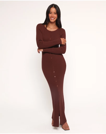 Petal & Pup - Marshall Button Through Knit Maxi Dress - Chocolate
