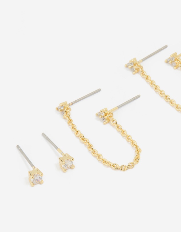 Lovisa - Gold Plated Cubic Zirconia Dainty Chain & Mixed Earrings 5-Pack