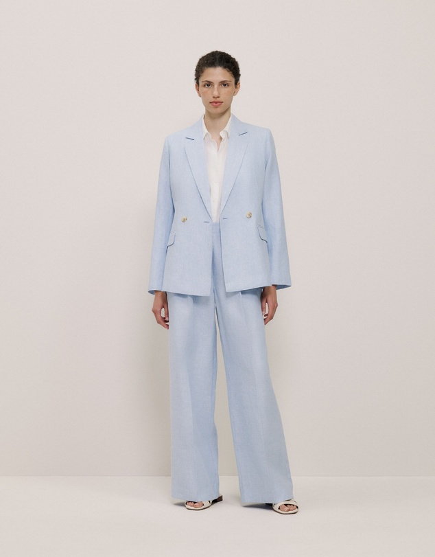 Trenery - Yarn Dyed Linen Pleat Detail Pant in Blue Marble