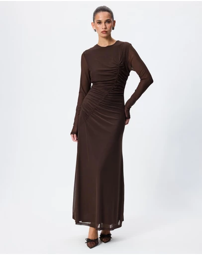 Tussah - Ivy Ruched Detail Long Sleeve Mesh Maxi Dress