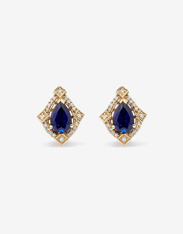 Michael Hill - Pear Cut Created Sapphire and Diamond Halo Stud Earrings in 10kt Yellow Gold