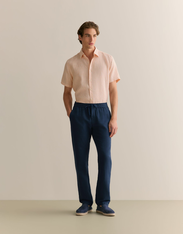 Trenery - Linen Fine Stripe Short Sleeve Shirt in Vivid Orange