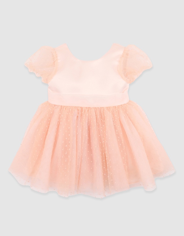 Bebe by Minihaha - Peach Spot Puff Sleeve Dress With Back Bow