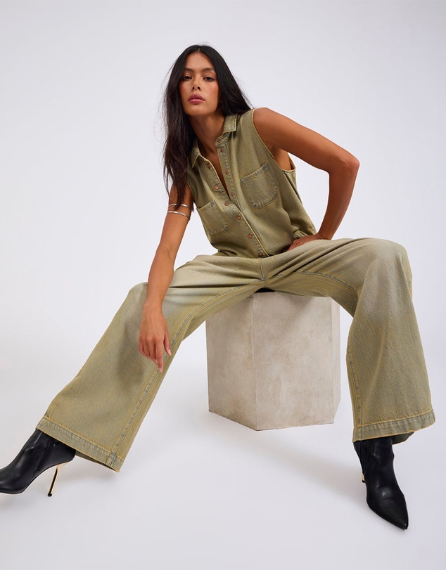 ONE TEASPOON - Braxton Wide Leg Long Length Denim Jumpsuit - Warm Khaki