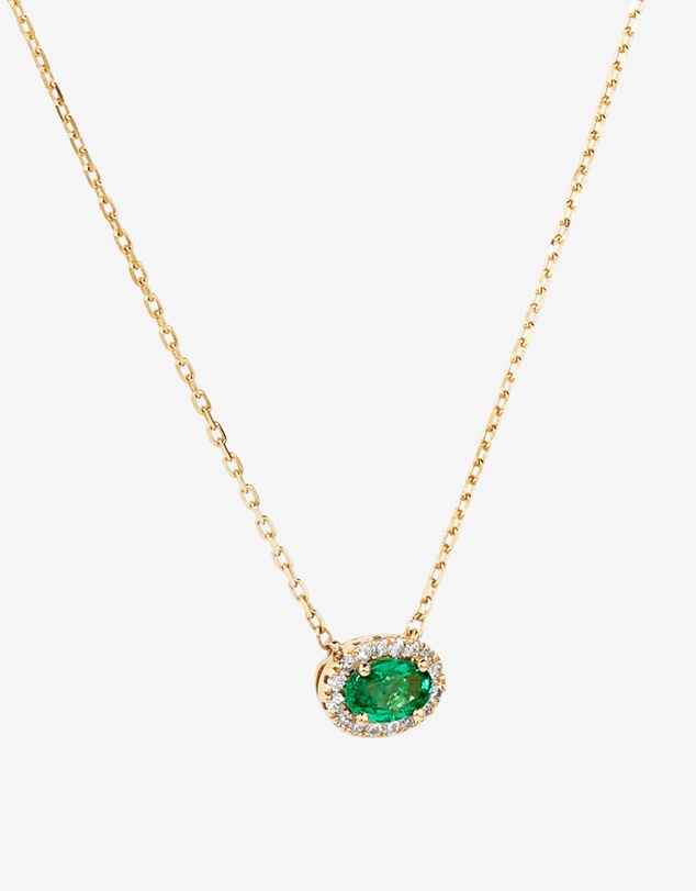 Michael Hill - Oval Cut Green Emerald Gemstone and 0.05 Carat TW Diamond Halo Necklace in 10kt Yellow Gold