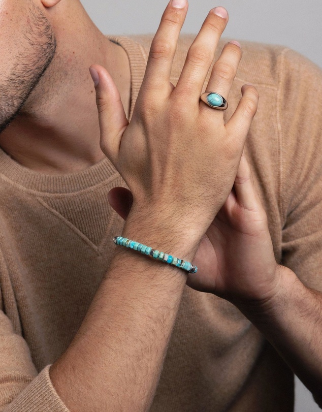 Nialaya Jewellery - Men's Hexagon Beaded Bracelet with Turquoise and Silver