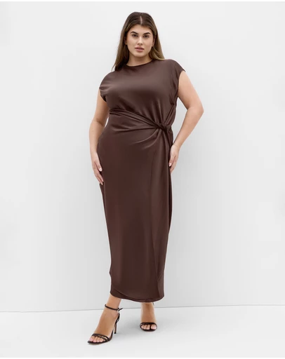 City Chic - Plus size Beatrix Knot Satin Dress - truffle
