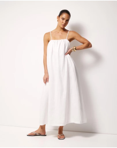 AERE - Liv Linen Gathered Neckline Midi Dress
