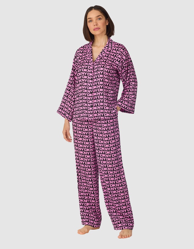 DKNY - Printed Satin Button Up Long Sleeve Long Pyjama Set