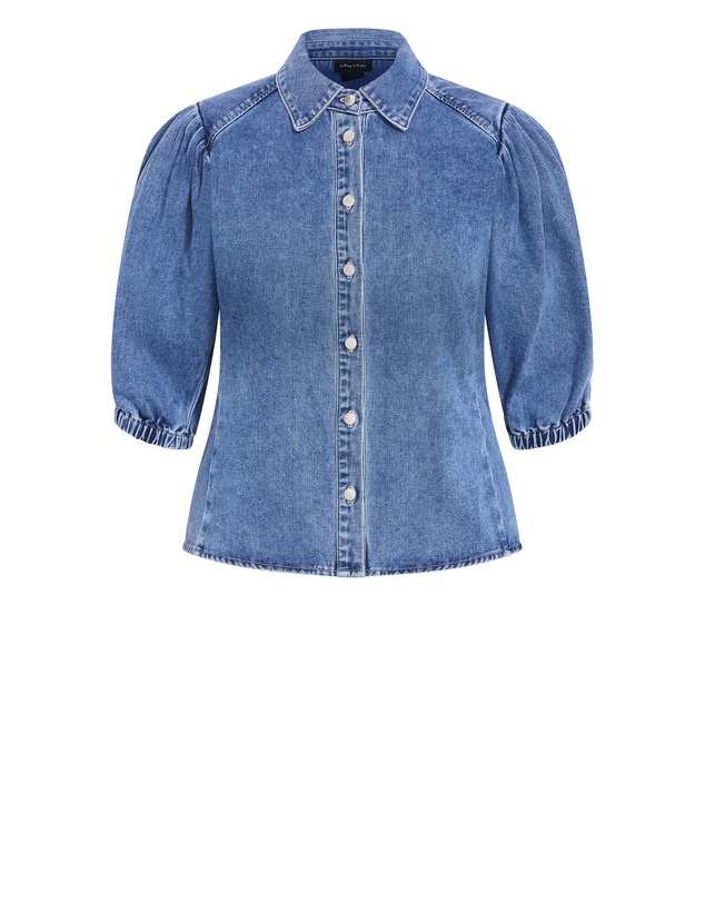 City Chic - Plus size Jessie Balloon Sleeve Denim Shirt - mid wash