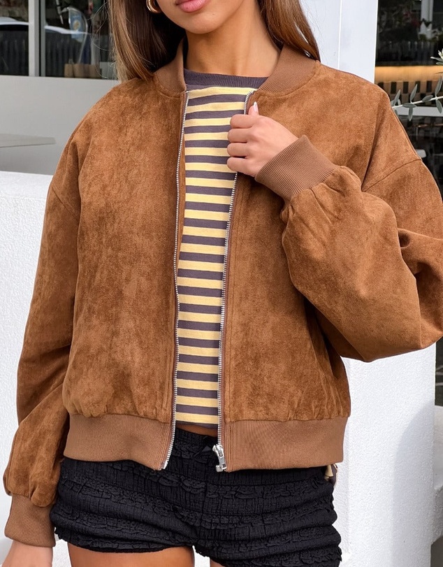 Beginning Boutique - Rebecca Tan Cuffed Suedette Bomber Jacket