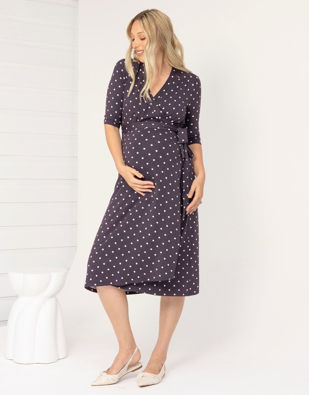 Angel Maternity - Eve Maternity Midi Wrap Dress in Brown Polka Dots
