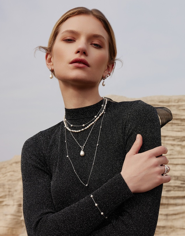Ania Haie - Silver Linked Shell Pearl Drop Pendant Necklace