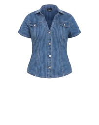 City Chic - Plus size Pinstripe Short Sleeve Denim Shirt - blue wash