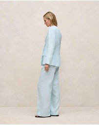 Trenery - Linen Collarless V Neck Blazer in Pastel Blue