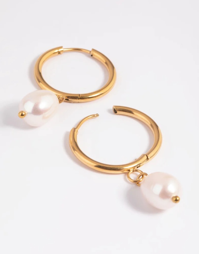 Lovisa - Waterproof Gold Plated Stainless Steel Freshwater Pearl Thin Huggie Hoop Earrings