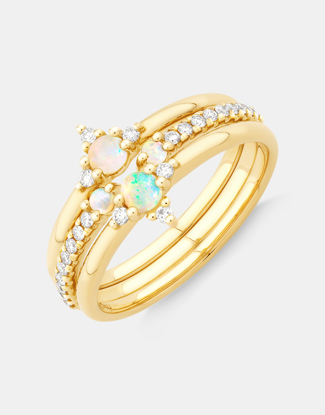 Michael Hill - 3 Ring Set with Opal & 0.18 Carat TW of Diamonds in 10kt Yellow Gold