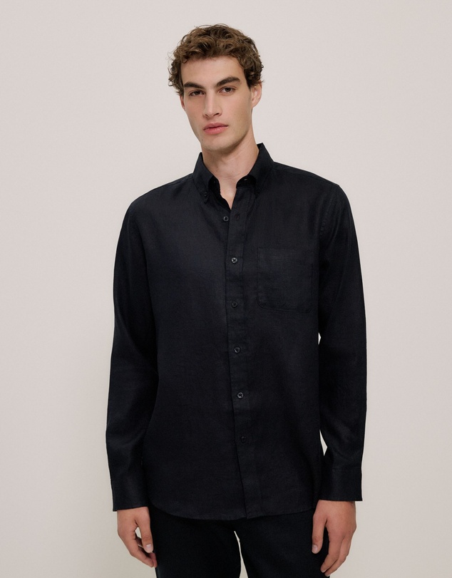 Trenery - Regular Fit Linen Classic Long Sleeve Shirt in Black