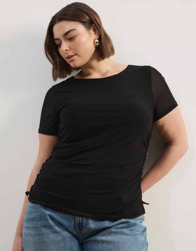 Atmos&Here Curvy - Maya Mesh Cap Sleeve Boat Neck Top