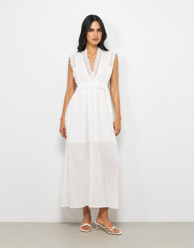 AERE - Iris V Neck Broderie Midi Dress