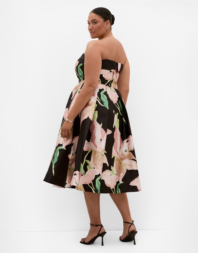 City Chic - Plus size Tiffany Bloom Lily Print Strapless Midi Dress - black