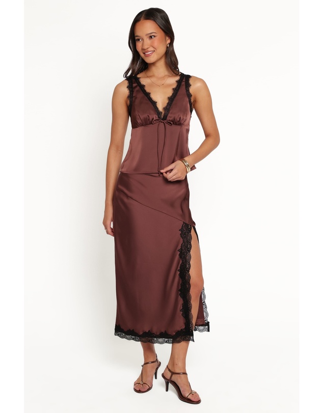 Petal & Pup - Theoni Slit Front Lace Trim Skirt - Brown