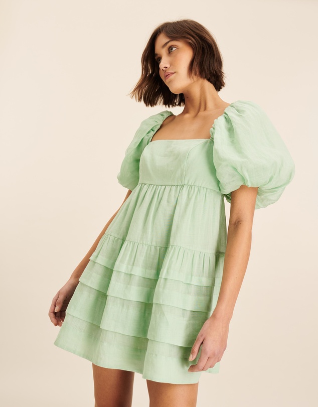 AERE - Puff Sleeve Pleated Hem Mini Dress