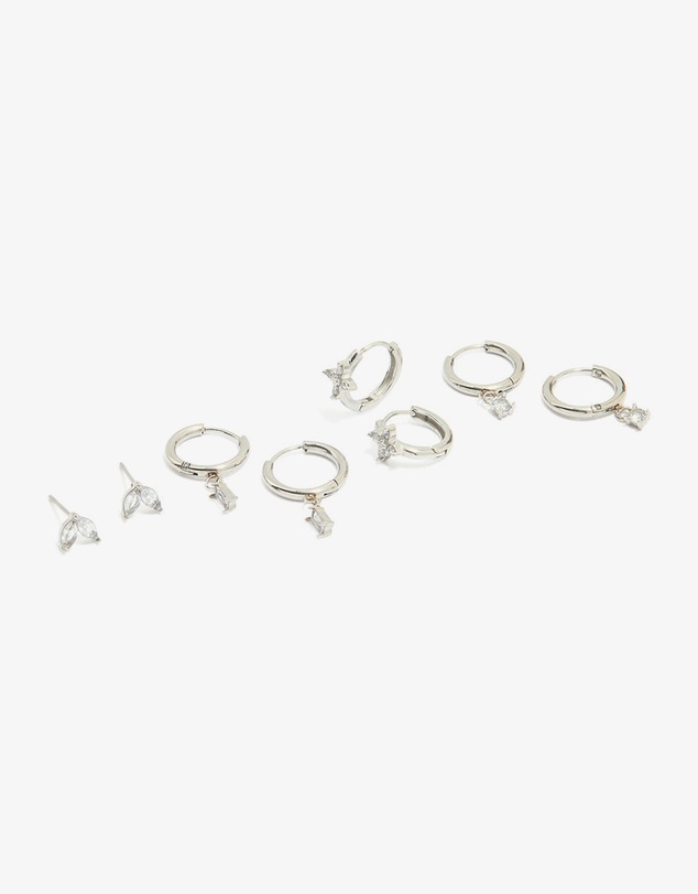 Lovisa - Waterproof Stainless Steel Cubic Zirconia & Baguette Flower Huggie Earrings 4-Pack