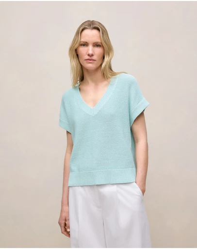 Trenery - Mercerised Cotton Relaxed V Neck Knit in Pastel Blue