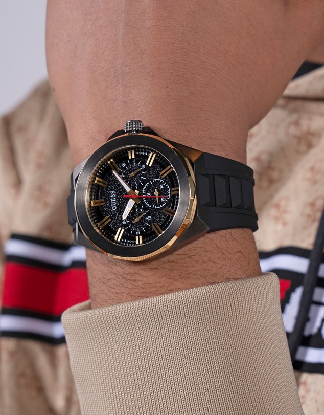 GUESS - Multifunction Gold-Tone 46mm Black Dial and Silicone Strap Men's Watch