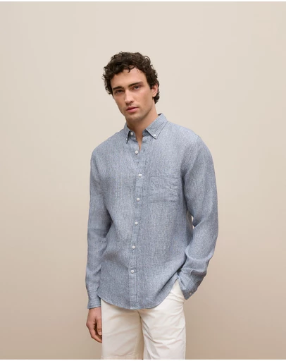 Trenery - Regular Fit Yarn Dyed Linen Grid Shirt in Navy