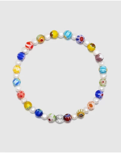 Nialaya Jewellery - Men's Pearl Wristband with Hand-Painted Glass Beads