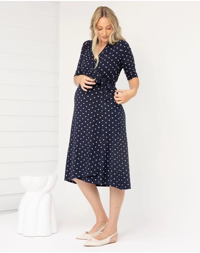 Angel Maternity - Eve Maternity Midi Wrap Dress in Navy Polka Dots