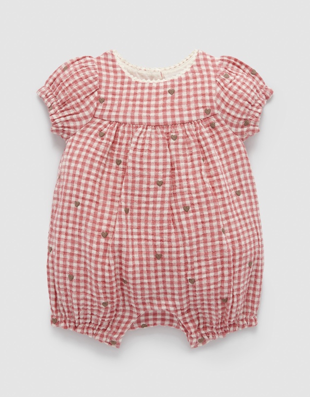Purebaby - Heart Gingham Embroidered Romper -Kids-Babies