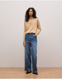 Trenery - Cotton Cashmere Long Sleeve Polo in Camel