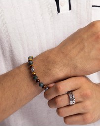 Nialaya Jewellery - Men's Wristband with Aquatic Agate, Brown Tiger Eye and Silver