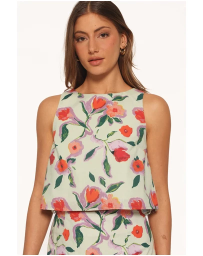 Petal & Pup - Madison Linen Cropped Tank - Green Painted Floral