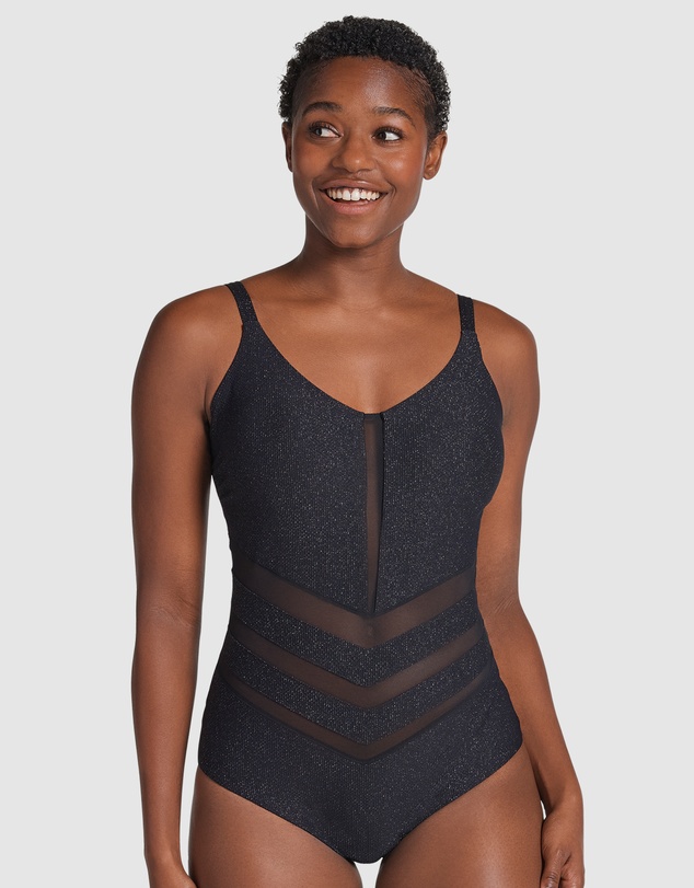 Leonisa - Glittery Backless Tummy Shaping One-Piece Swimsuit with Mesh