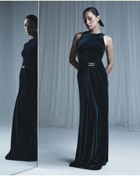 Carla Zampatti - Hunter Green Velvet Gold Detail Maxi Dress