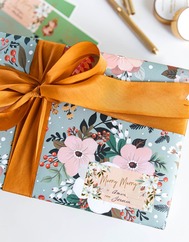 Bespoke Letterpress - Gift Wrap - Christmas Ornaments / Floral Fields - Double Sided 6pk