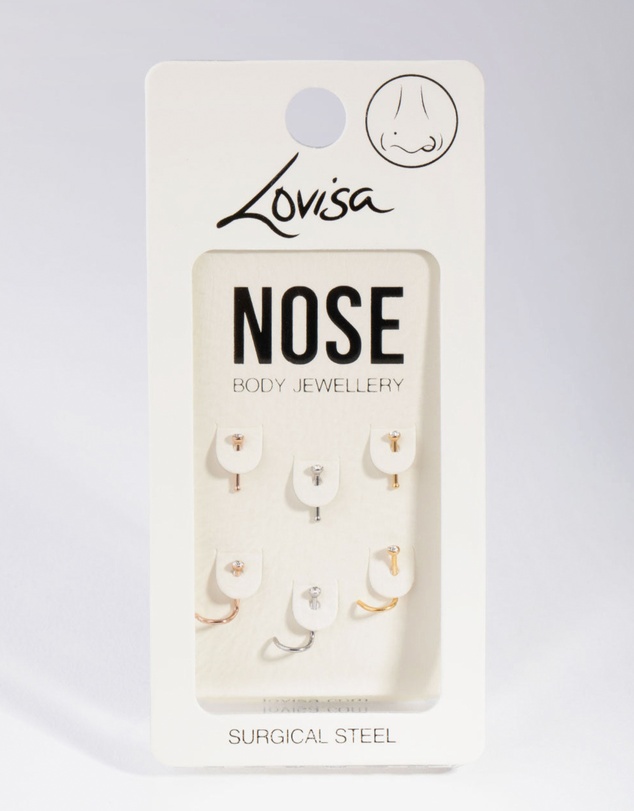 Lovisa - Mixed Metals Diamante Nose Stud 6-Pack