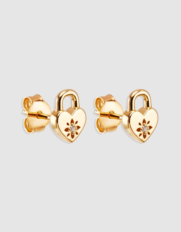 By Charlotte - Crystal Lotus Heart Padlock Stud Earrings