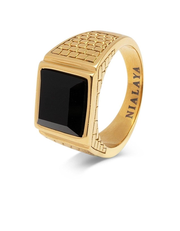 Nialaya Jewellery - Men's Golden Brick Signet Ring With Agate