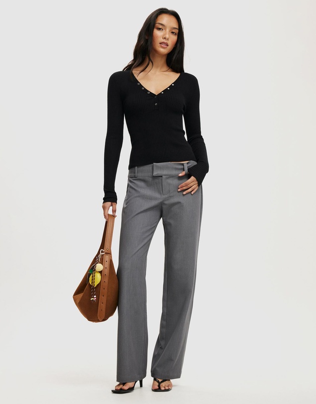 Cotton On - Rib Knit Henley Long Sleeve Top