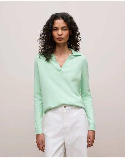 Trenery - Cotton Cashmere Long Sleeve Polo in Peppermint