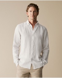 Trenery - Regular Fit Linen Stripe Shirt in Flax