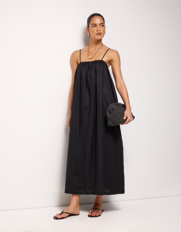 AERE - Liv Linen Gathered Neckline Midi Dress