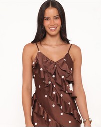 Petal & Pup - Ciao Ruffles Maxi Satin Dress - Brown Polka Dot